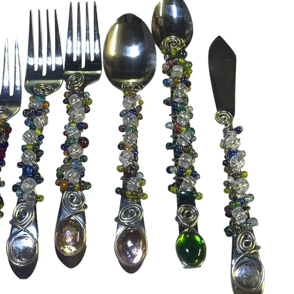 9 Pc Artisan Beaded Flatware Set Wire Wrapped Spoons Forks Knife